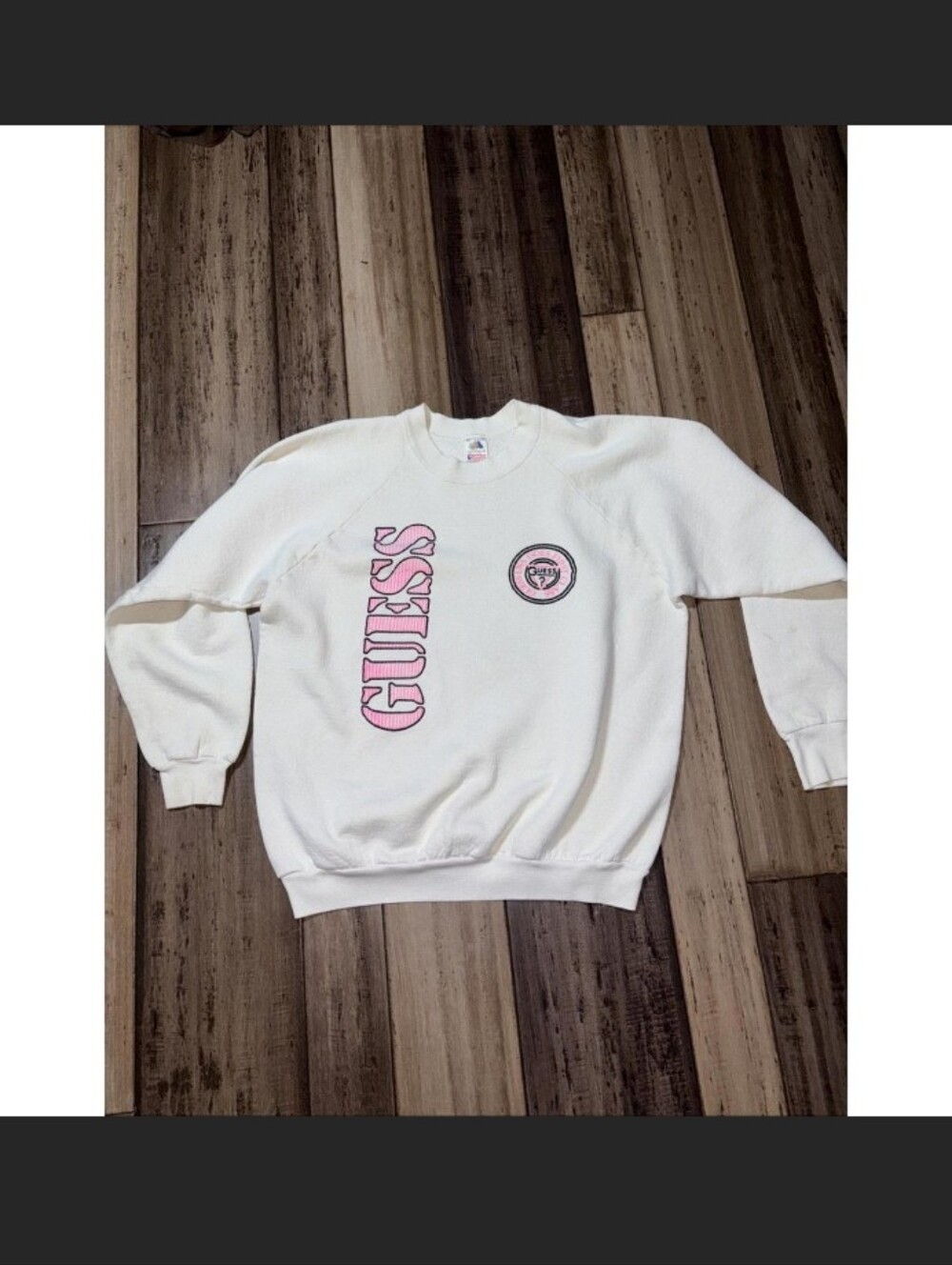 GUESS Cream Crewneck Sweatshirt with Pink Logo